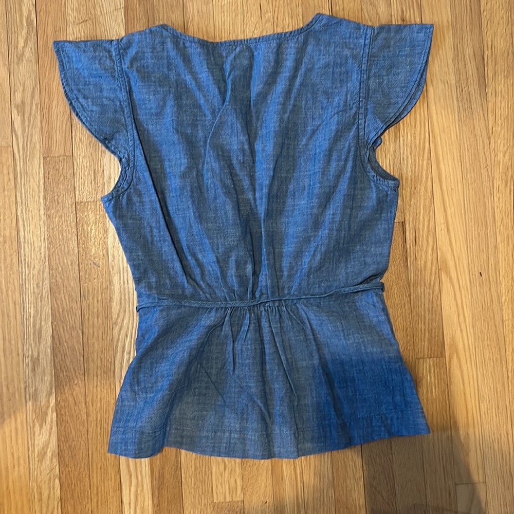 J. Crew Flutter Sleeve Faux Wrap Chambray Top - Picture 3 of 5
